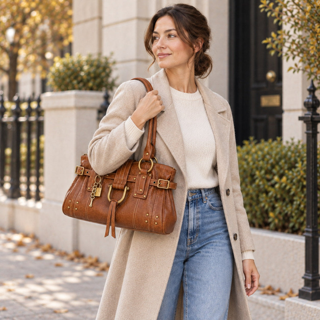 Clea bag in cognac, carried on the shoulder