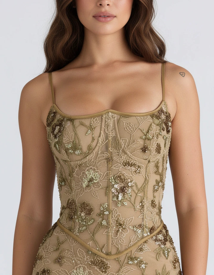 Calista — Abito sirena floreale con paillettes