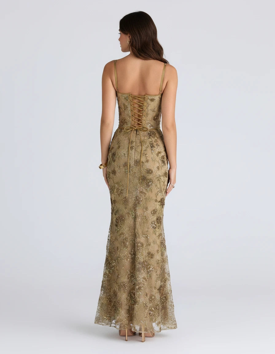 Calista — Abito sirena floreale con paillettes