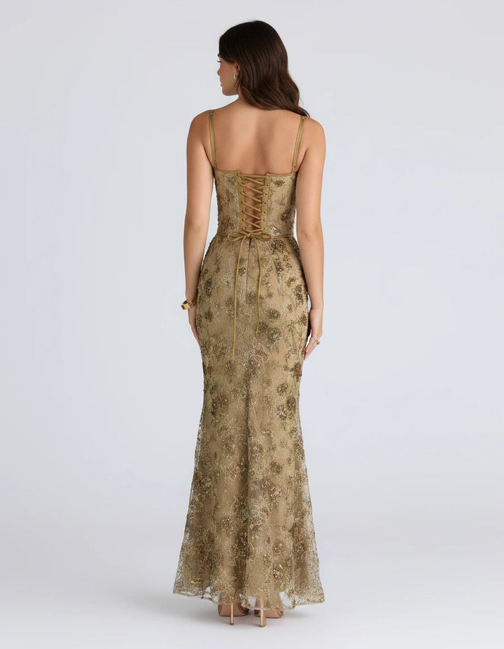 Calista — Abito sirena floreale con paillettes