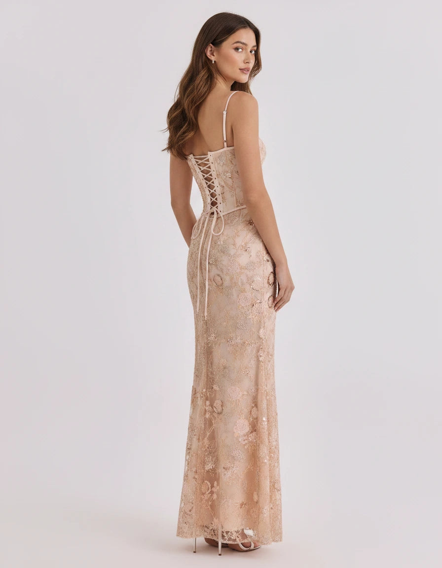 Calista — Abito sirena floreale con paillettes