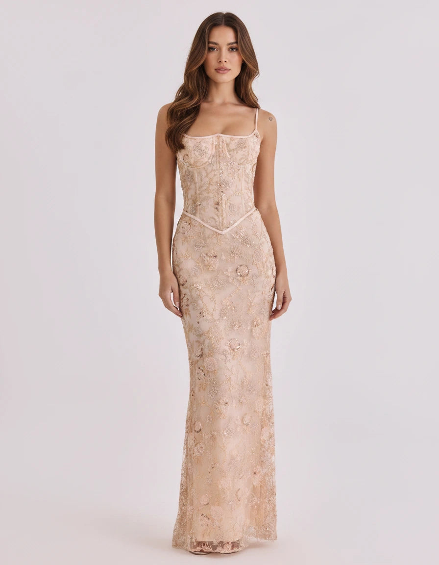 Calista — Abito sirena floreale con paillettes