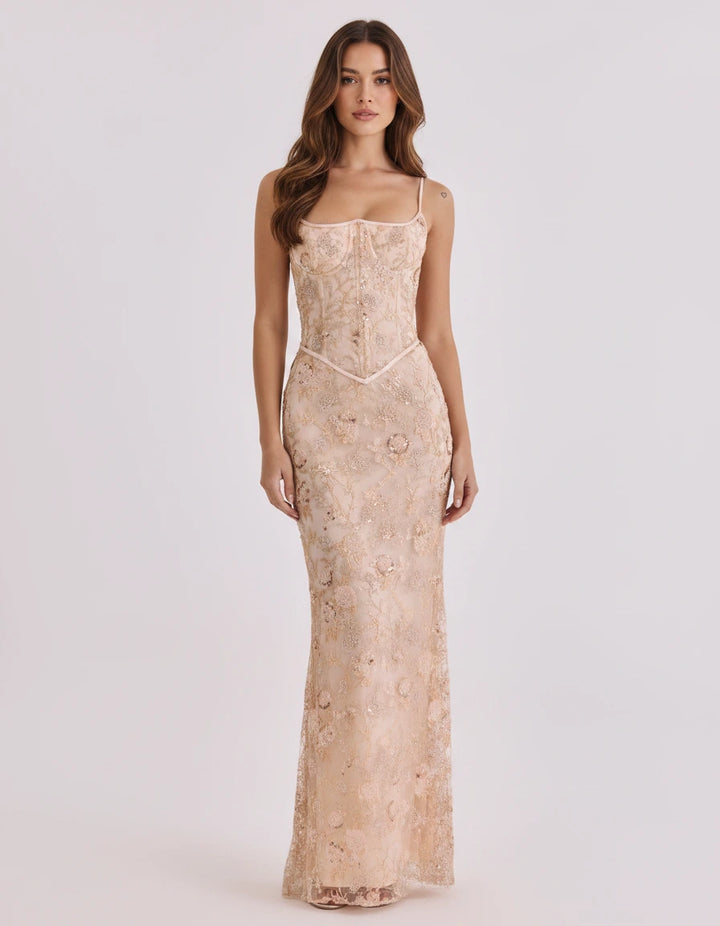 Calista — Abito sirena floreale con paillettes