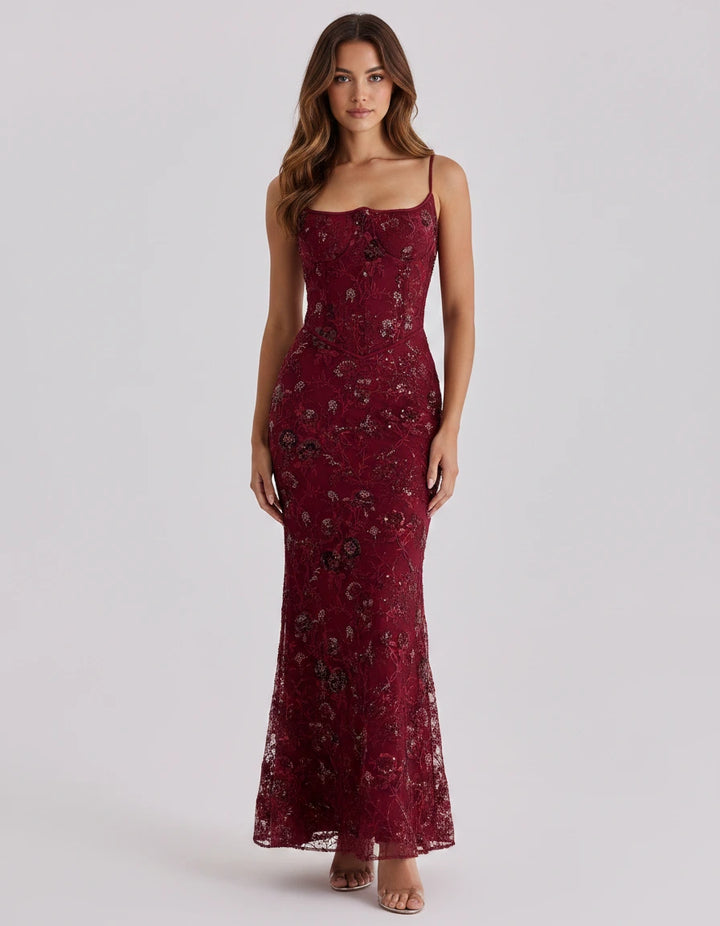 Calista — Abito sirena floreale con paillettes