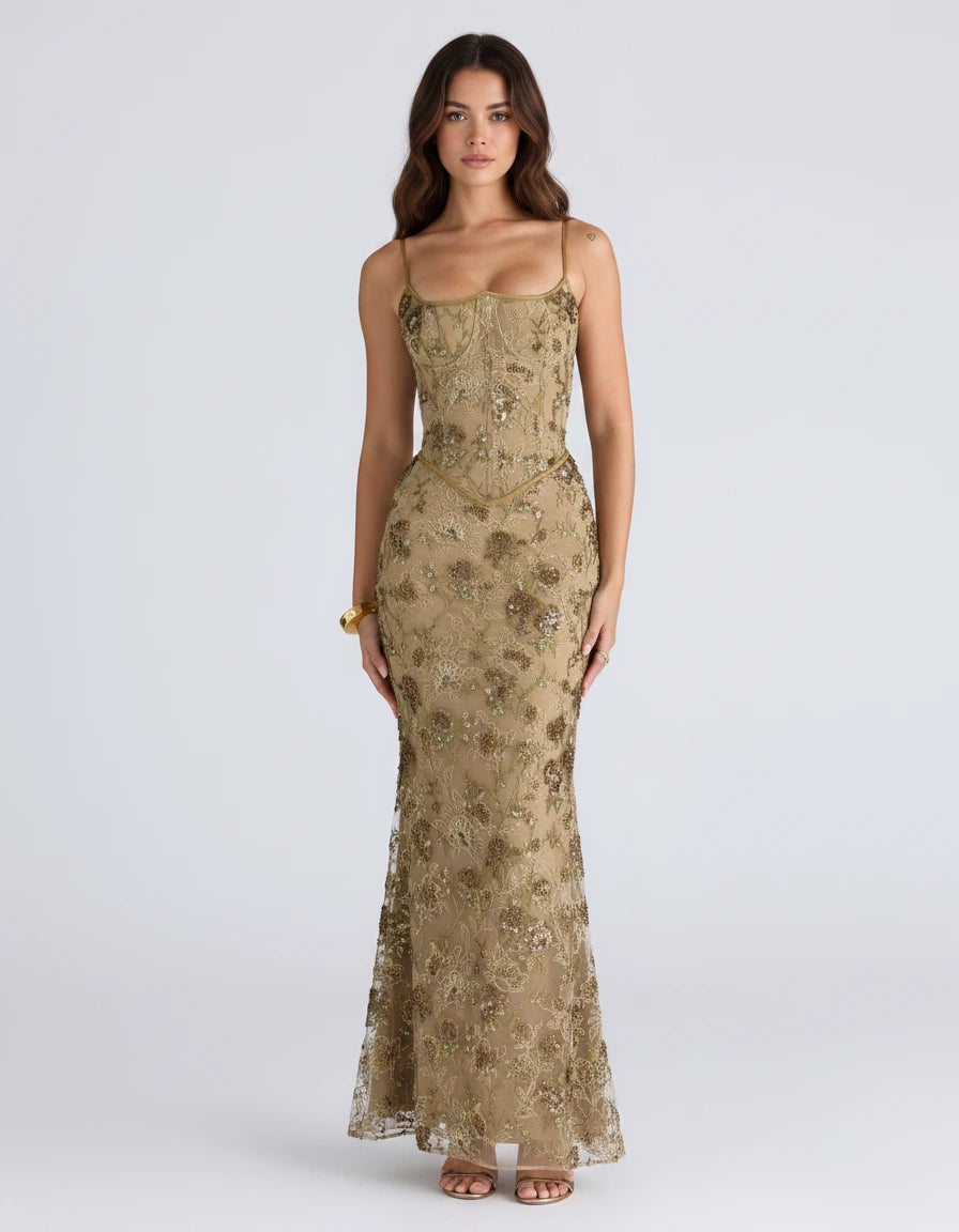 Calista — Abito sirena floreale con paillettes