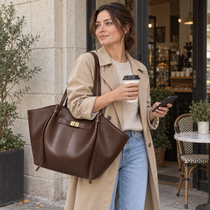 Vela tote in chocolate, worn with a trench coat